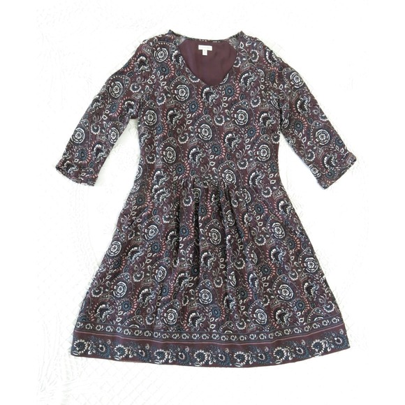 Garnet Hill Paisley Boho Dress 8 V-Neck Pocket-Detail Brown Flowy Hippie - Picture 2 of 9